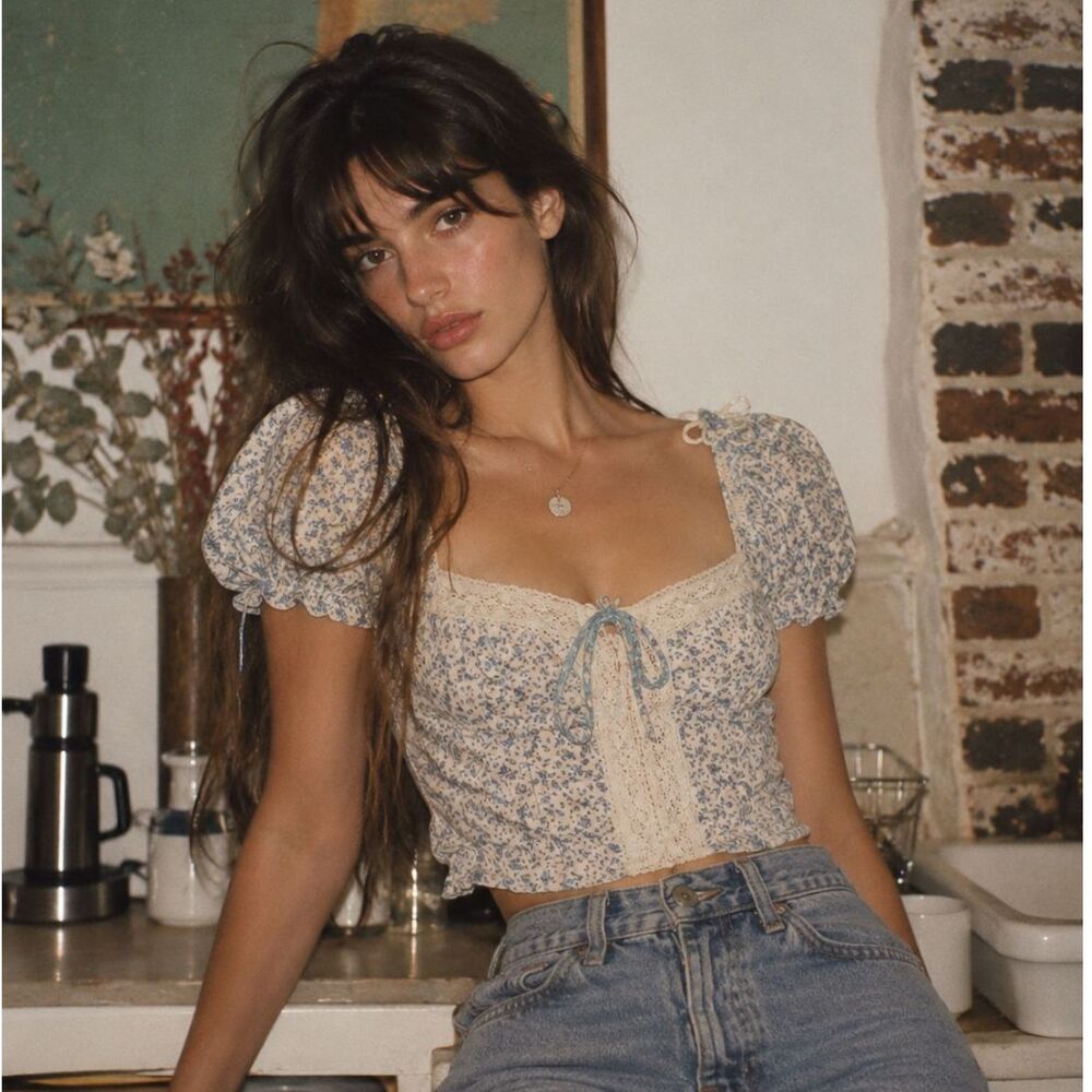 Sienna Sky Blue Floral Smocked Crop Top - Lace Trim & Puff Sleeves